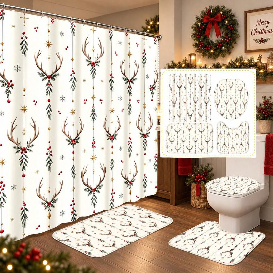 1pc/4pcs Deer Horn & Red Berry Hanging Branch Pattern Multi-Functional Bathroom Decor Shower Curtain Set, Free 12 Hooks, Premium Holiday Atmosphere, Bathroom Mat, U-Shaped Bath Mat And Round Toilet Lid Cover, Suitable For All Scenes Decoration, Bathroom Set - Antler Red Fruit Dangle Branch - View 1