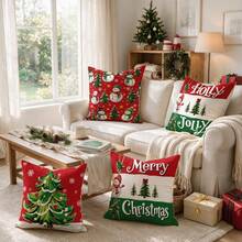 4Pcs Christmas Throw Pillow Covers, Xmas Tree Snowman Snowflake Pattern Decorative Cushion Cases For Sofa Couch Holiday Home Decor, Single Sided Print, Pillow Inserts Not Included - Red and Green - View 1