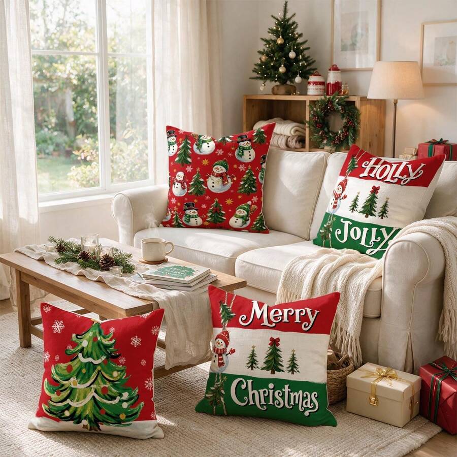 4Pcs Christmas Throw Pillow Covers, Xmas Tree Snowman Snowflake Pattern Decorative Cushion Cases For Sofa Couch Holiday Home Decor, Single Sided Print, Pillow Inserts Not Included - Red and Green - View 1