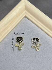 1 Pair French Style Exquisite Luxury Black Rose Stud Earrings, Minimalist Fashion Unique Design Earrings, Suitable For Women's Daily, Holiday And Commute Wear - Black - View 5