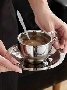 1pc Vintage Stainless Steel Coffee Cup & Saucer Set, Suitable For Exquisite Styling, Vlog Shooting And Afternoon Tea - Silver - View 10