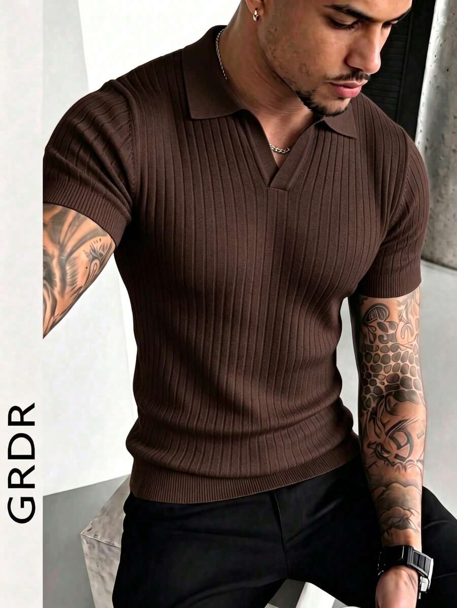 GRDR Men's Summer Knit Polo Shirt, Solid Color Short Sleeve Knitted Collar, Suitable For Summer Outings, Essential For Fashionable Outfit