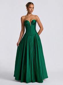 LOVE&LEMONADE Women's Green Sexy Strapless V-Neck Mesh Patchwork Open Back Criss-Cross Tie Back Long Party Evening Gown - Green - View 5