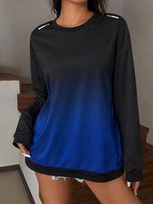 Women's Gradient Long Sleeve Athletic Sweatshirt, Crew Neck Ribbed Cuff Training Top For Fitness And Daily Casual Wear - Black - View 9