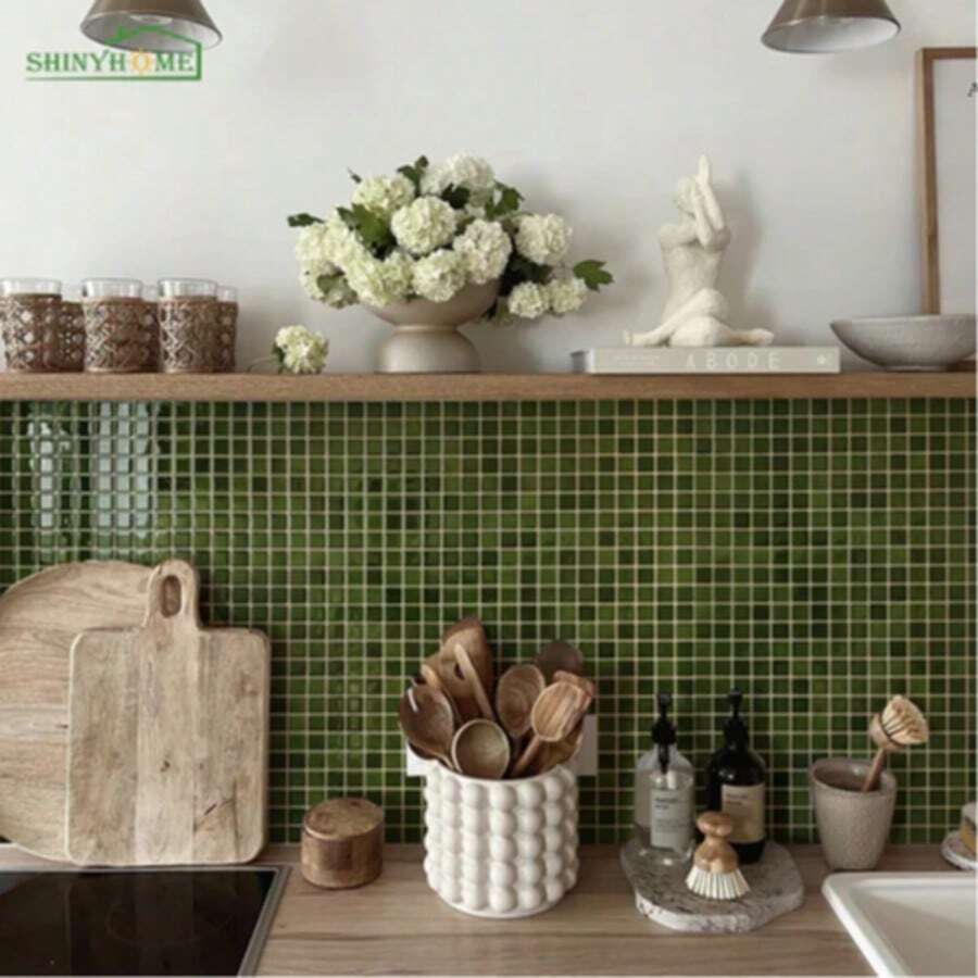 shiny home 10pcs Self-Adhesive Waterproof Splash-Proof Wallpaper, Removable Polyurethane Wall Stickers, No Extra Glue Needed, Suitable For Kitchen And Bathroom DIY Wall Decals - Light Green - View 1