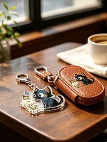 Black Cat Cartoon Cute Key Pouch, Cartoon Cute Car Remote Key Bag, Matching Cat Pendant, Zipper Closure, Unisex Multi-Function Car Key Storage Bag, Portable Coin Purse, Pendant Wrist Strap Keychain, Solid Color Minimalist Lychee Texture Women's Lychee Texture Key Bag, Universal Car Key Bag, Large Capacity Lightweight Home Key Bag, Ideal Gift For Cat Lovers, Can Be Used As Birthday Gift, Graduation Gift - Multicolor - View 6