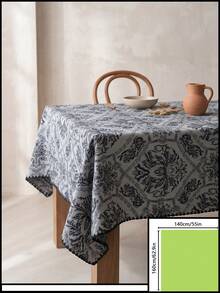 1pc Grey-Blue Base Black Vintage Damask Floral Pattern Tablecloth, Retro Classic Style Fabric Material, Rectangular Black Wavy Jagged Edge Detail, Stain-Resistant Protection For Tabletop And Decorative Enhancement, Suitable For Daily Home And Retro Classic Style Restaurant Decor - Black - View 12