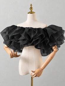 1pc Black Multi-Layer Organza Halloween Party Short Puffy Cape - Multicolor - View 7