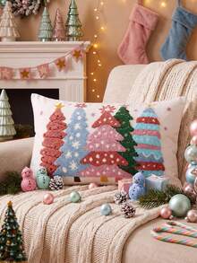 1pc Christmas Pillow Cover With Festive Tree, Snowman, Gingerbread Man Or Winter Village Design, Seasonal Decorative Throw Cushion Case For Sofa, Bedroom And Living Room Holiday Home Decor, Pillow Insert Not Included - Multicolor - View 11