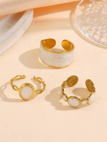 3pcs 18k Gold Plated Stainless Steel Geometric White Oil Drop Open Ring, Minimalist Fashion. Suitable For Women's Daily Wear. - White - View 4