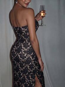 Women's Autumn/Winter Strapless Lace Print Fitted Midi Dress, Suitable For Back To School, Halloween, Date, Evening Party, Nightclub - Black - View 6