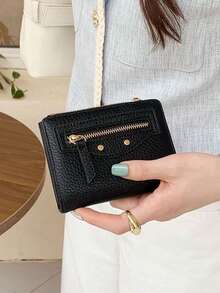Women's Short Bifold Wallet, Classic Black Faux Leather Card Holder, Multi‑Slots Small Purse With Zipper Pocket, Rivet Decor Compact Coin Purse. - Black - View 4