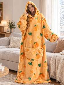 Printed Flannel Pullover Bathrobe, Comfortable Fleece Loungewear, Thickened Warm Anti-Cold Clothing - Multiple Styles - View 5
