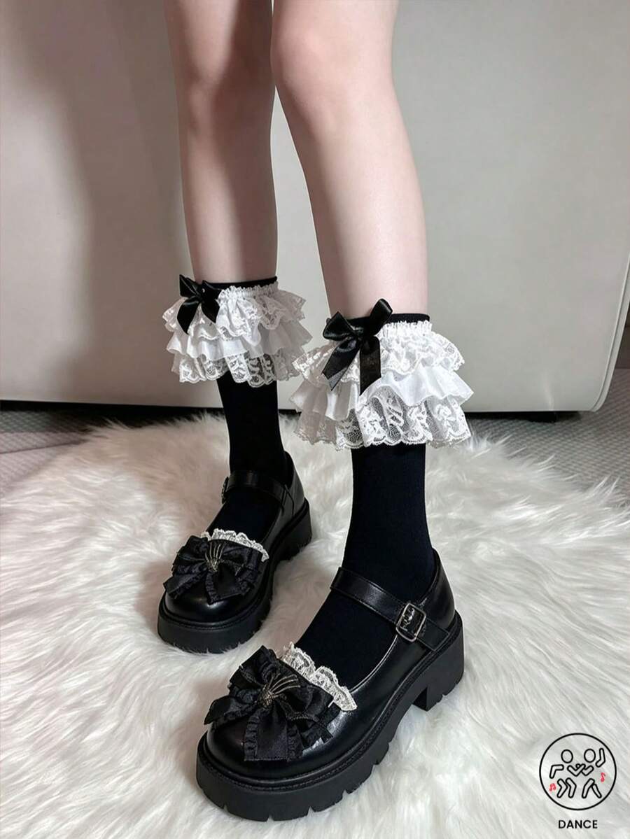 1 Pair Vintage Double Layer Lace Trim Mid-Calf Socks, Black Bow Sweet Slimming Mid-Calf Socks - Black - View 1