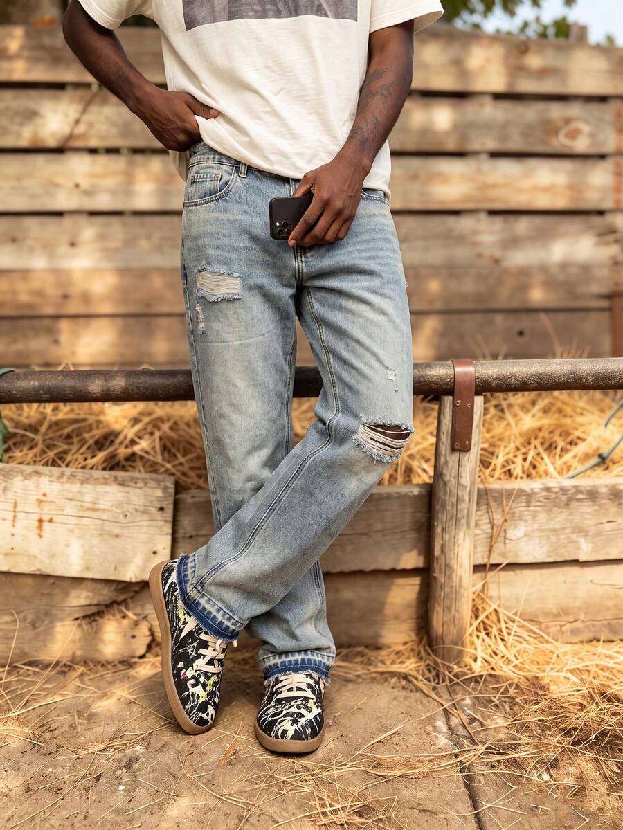 Men's Light Wash Distressed Destroyed Flare Jeans, Knee Ripped, Frayed Hem, Vintage Y2K High Street Loose Fit Denim Pants - Blue - View 1