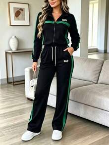 Women's Casual 2 Pieces Sportswear Set For Autumn/Winter, Including Lapel Zipper Jacket And Side Stripe Pants, Made Of Slightly Elastic Fabric, Suitable For Daily Wear - Black + Dark Green 31 - View 2