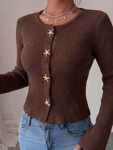 Women's Gold Starfish Button Ribbed Knit Cardigan, Round Neck Long Sleeve Cropped Slim Fit Casual Sweater Jacket - Khaki - View 5