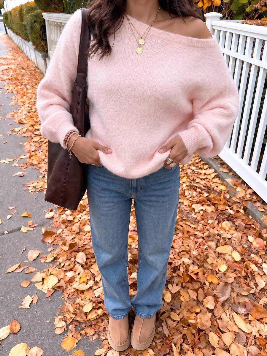 Women's Casual Loose Knit Solid Color Ribbed Soft Fuzzy Sweater, Suitable For Beach & Vacation - Pink - View 1