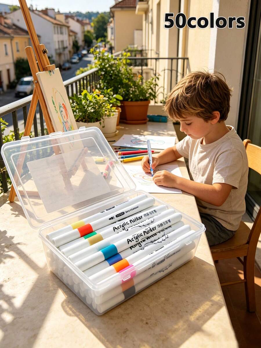 50 Colors Soft Tip Acrylic Markers, Smooth Rich Color Even Ink Flow Quick Dry Water-Based Ink Pens, For Children Elementary Students Art Students Beginners Painting Sketching Marking Doodling Journaling Design Outlining Coloring Anime Design Holiday Surprise Gift DIY - Multicolor - View 1