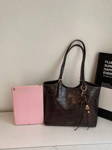 Fashionable Large Capacity Tote Bag Retro Crocodile Embossed Shoulder Bag With Pendant Suitable For Commute Daily Used Dating Shopping - Coffee - View 7