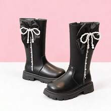 Girls' Exquisite Sweet Black Pearl Bow Rhinestone High-Top Boots With Side Zipper Design, Suitable For Autumn/Winter Outings And Outfit Matching - Black - View 3