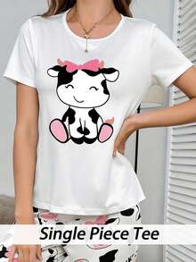 1pc White Cartoon Print Short Sleeve Sleepwear Top For Women - White - View 5