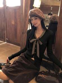 Women's Lazy Plaid Tie V-Neck Cable Knit Sweater, Faux Buttons, Autumn/Winter Knit Base Layer Top - Black - View 7