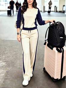 Spring Autumn Winter Women's New Casual Versatile Colorblock College Style Round Neck Short Sleeve Top And High Waist Loose Straight Leg Long Pants 2 Pieces Set, T-Shirt And Colorblock Long Pants Outfit, Vacation Wear, Travel Wear, Beach Style, Minimalist Vacation Outfit - Apricot + Navy Blue - View 1