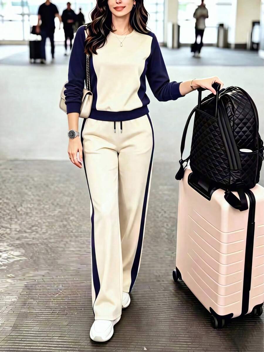 Spring Autumn Winter Women's New Casual Versatile Colorblock College Style Round Neck Short Sleeve Top And High Waist Loose Straight Leg Long Pants 2 Pieces Set, T-Shirt And Colorblock Long Pants Outfit, Vacation Wear, Travel Wear, Beach Style, Minimalist Vacation Outfit - Apricot + Navy Blue - View 1