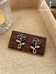 1 Pair French Style Exquisite Luxury Black Rose Stud Earrings, Minimalist Fashion Unique Design Earrings, Suitable For Women's Daily, Holiday And Commute Wear - Black - View 6