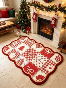 1pc Christmas Red & White Patchwork Shaped Doormat, Welcome Mat, Christmas Tree Bow Heart Plaid Carpet, Rug, Christmas Rug, Bedroom Carpet, Area Rug - Multicolor - View 5