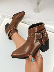 Women's Western Ankle Boots, Pointed Toe Design, Studded Decor, Buckle Detail, Chunky Heel, Boots Style, Punk Style - Brown - View 3