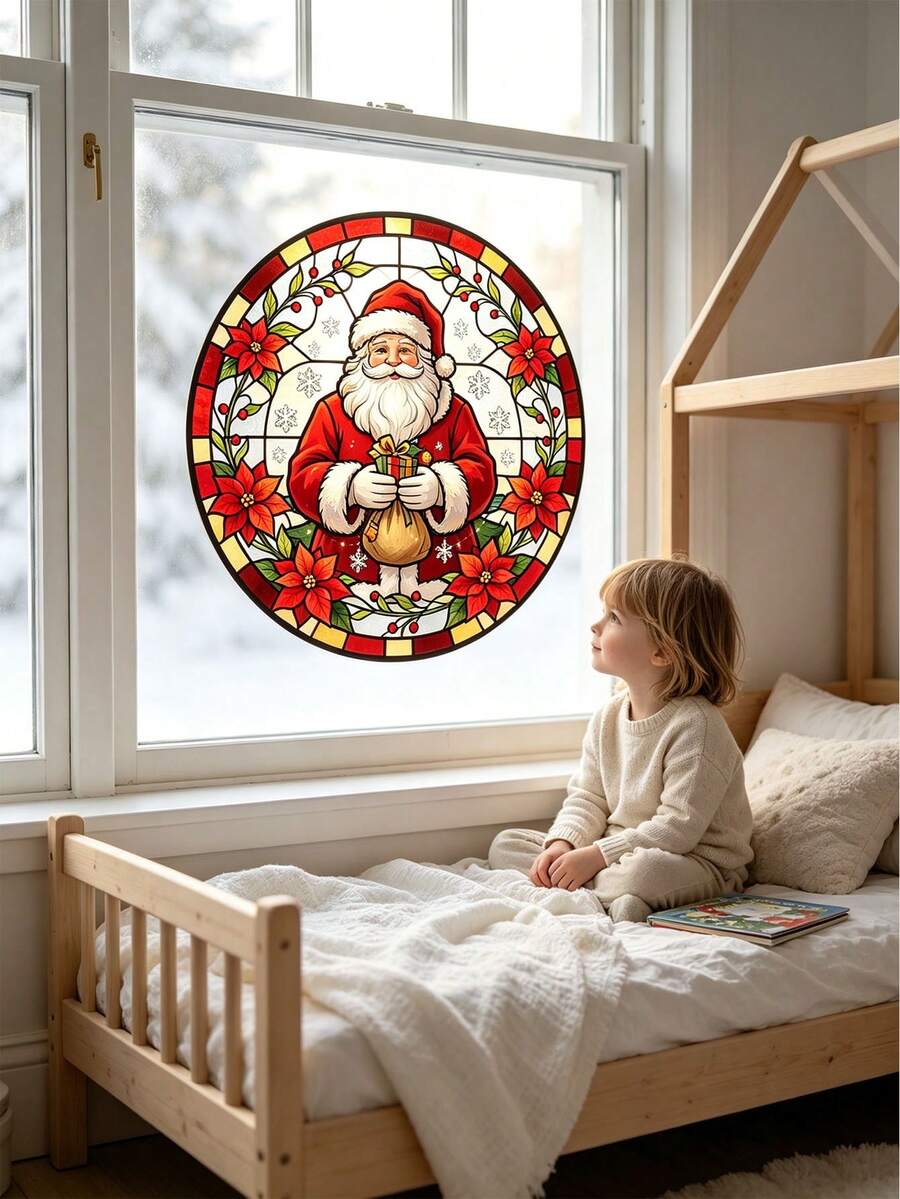 1pc Round Stained Glass Style Christmas Static Window Clings, No Glue Removable Window Decals, Won't Hurt Glass, Festive Atmosphere Decor - Multicolor - View 1