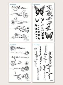 4PCS Black INS Style Floral Butterfly Star Pattern Party Gift DIY Holiday Gift Music Festival Temporary Waterproof Tattoo Stickers For Hands, Shoulders, Neck, Collarbone - Black - View 10