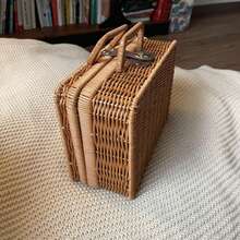 1pc Woven Handbag Cosmetic Storage Box, Wedding Gift Box, Bridesmaid Gift Box, Rattan Storage Basket, Travel Camping Photo Prop, Autumn Home Decor, Christmas Home Decor - Brown - View 9