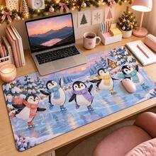 1pc Christmas Penguin Ice Skating Mouse Pad, Winter Snowy Mountain Scene Extended Desk Mat For Home Office, Gaming And Holiday Decor - View 3