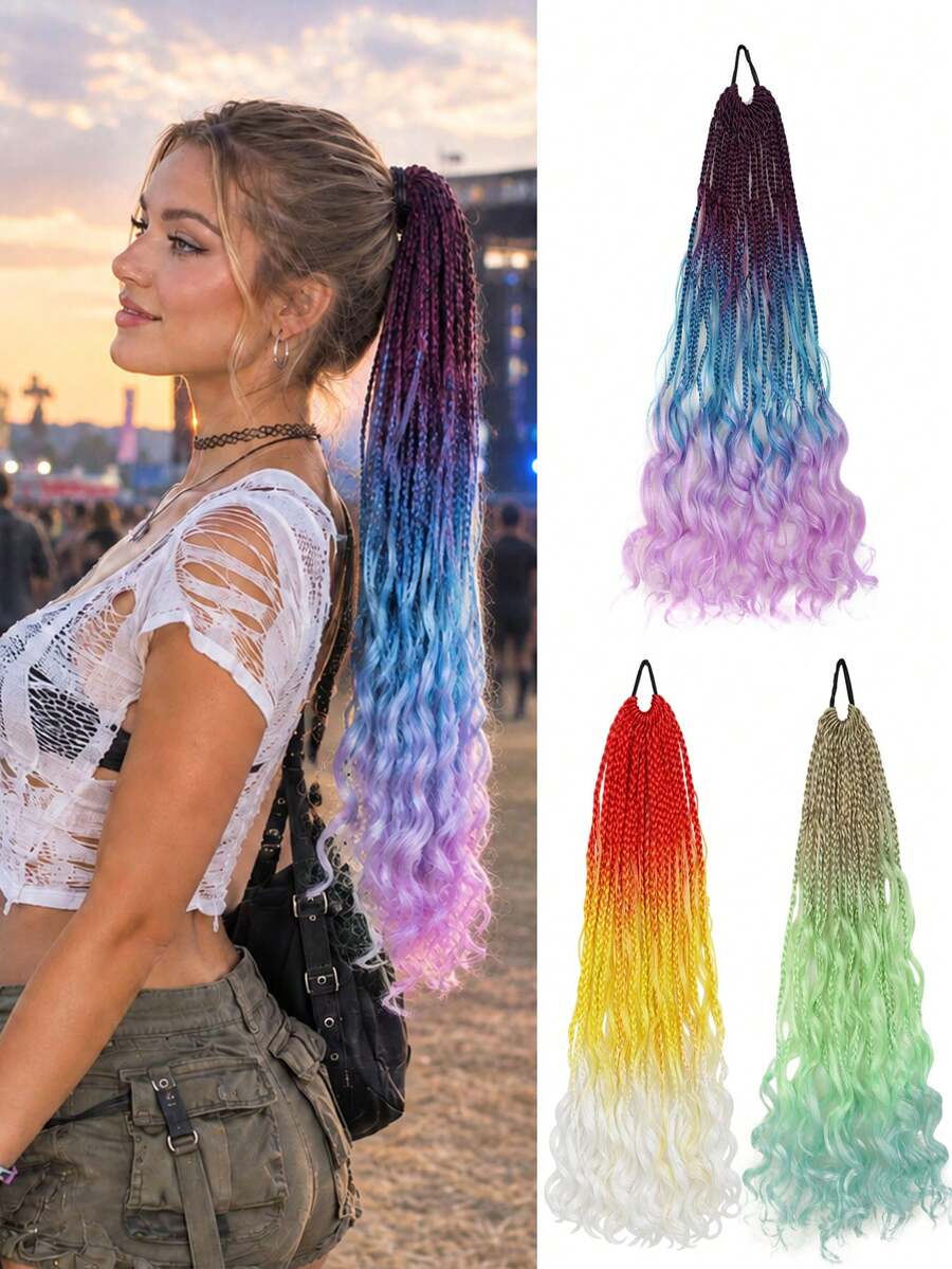 Women's Long Gradient Braided Wig, Multi-Colored Gradient Long Wavy Braided Curls, Suitable For Parties, Festivals, Cosplay, And Everyday Styling. - Multicolor - View 1