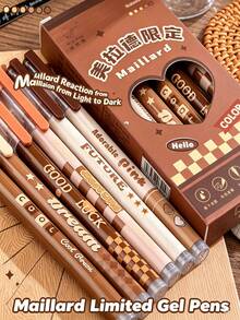 6pcs Maillard Limited Edition Direct Liquid Neutral Pens Set, Needle Tip Quick-Dry Black Ink Pens, Vintage Brown High-Aesthetic Smooth Writing Ballpoint Pens, Retro Ins Style Student Exam Practice & Note-Taking Stationery - Sets - View 2