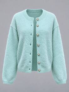 1pc Solid Color Knitted Button Cardigan Sweater, Office Daily Autumn/Winter Fuzzy Outerwear - Mint Green - View 2
