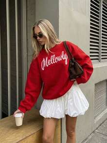 Women's Jacquard Round Neck Letter Pattern Sweater, Suitable For Autumn/Winter Casual Street Style And Holiday Wear, Red Loose Knit Cardigan - Red - View 2