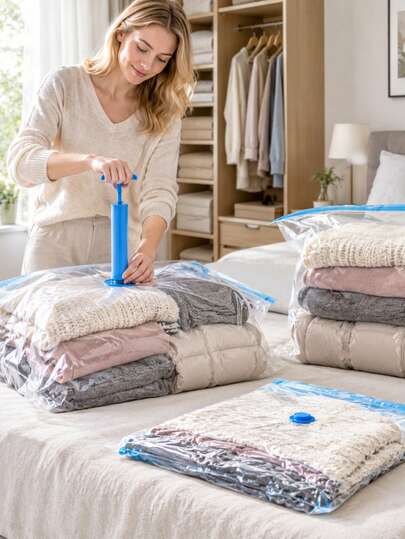11-Piece Vacuum Storage Bag Set With Portable Manual Pump, 3 Sizes (Large, Medium, Small), Suitable For Bedding And Clothing, Essential For Travel Storage, Includes Mattress Vacuum Bags, Compression Travel Bags, Vacuum Clothing Storage Bags And Moving Mattress Bags