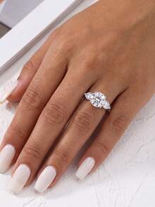 1 buah Cincin Moissanite, Cincin Mewah 3CT Bentuk Hati Ganda dengan Empat Cakar, Cocok untuk Pertunangan dan Pesta Wanita - Perak - View 6