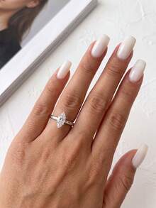 1pc Moissanite Ring, Elegant 2ct 6-Prong Marquise Cut Ring, Suitable For Women's Party And Daily Wear - Silver - View 5