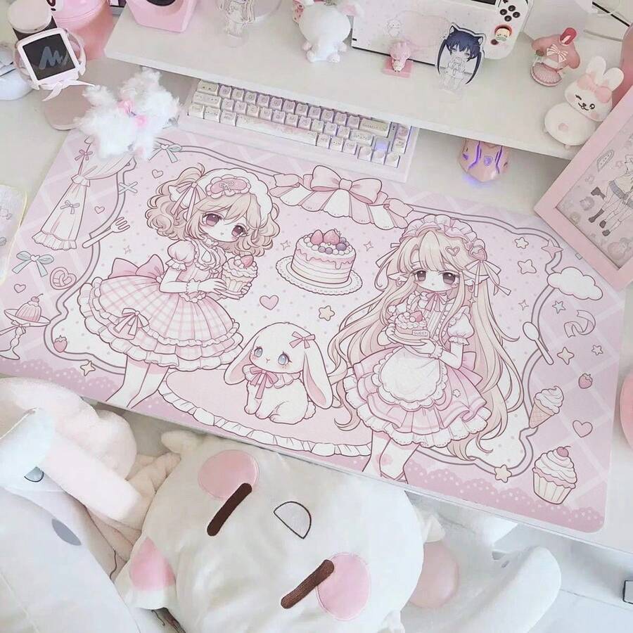 Alas Meja Besar Kulit PU Motif Gadis Pelayan Anime Kawaii, Alas Mouse Motif Kelinci Kue Manis Merah Muda, Pelindung Meja Anti Air dan Anti Selip, Alas Keyboard Lucu dan Estetik untuk Dekorasi Meja Kamar Tidur Gaming Anak Perempuan - View 1
