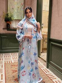 Hafizah 度假风浅蓝色海洋印花长袍，休闲百搭女式外套 - 淺藍色 - 查看 3