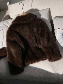 Flickors vintage djupt brun oversized kort jacka med slag i konstpäls av räv, lös förtjockad fluffig krage, kappa för höst/vinter - Kaffebrun - Visa 6