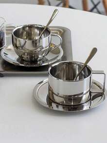 1pc Vintage Stainless Steel Coffee Cup & Saucer Set, Suitable For Exquisite Styling, Vlog Shooting And Afternoon Tea - Silver - View 2