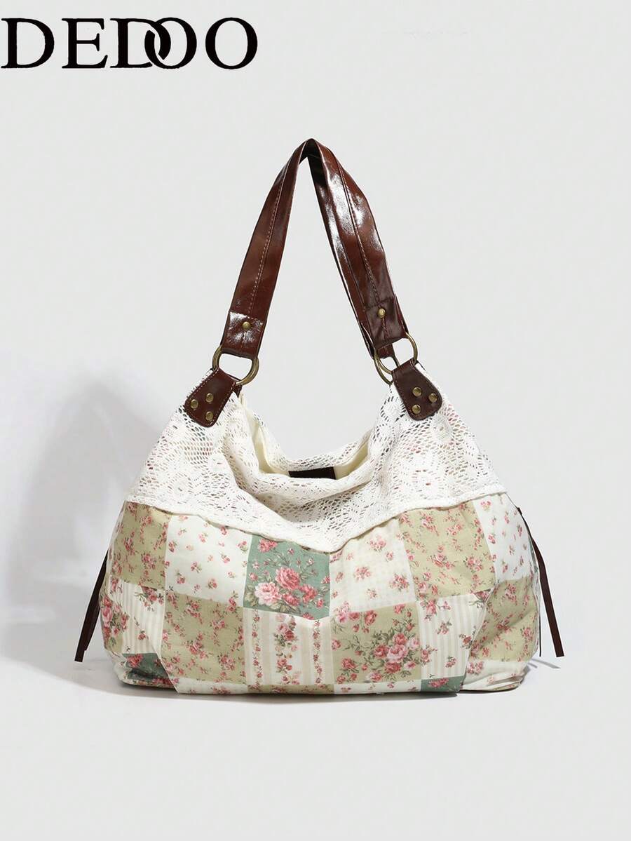 Dedoo 2026 Summer New Vintage Lace Floral Plaid Patchwork Tote Bag, Women's Versatile Shoulder Handbag, Large Capacity Student Backpack, Suitable For Middle School, High School, University Campus - Multicolor - View 1