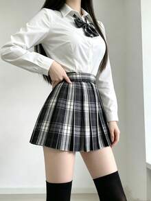 1件組日系校園JK制服 白色長袖收腰襯衫與黑白格紋裙套裝，秋冬音樂祭學生Cosplay套裝，女款萬聖節服裝 - 黑與白 - 查看 4