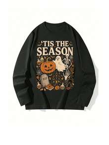 Women's Round Neck Long Sleeve T-Shirt, Halloween Ghost Skeleton Pumpkin Bat Magic Print Top, Ghost Season Autumn Daily Wear - Black - View 2